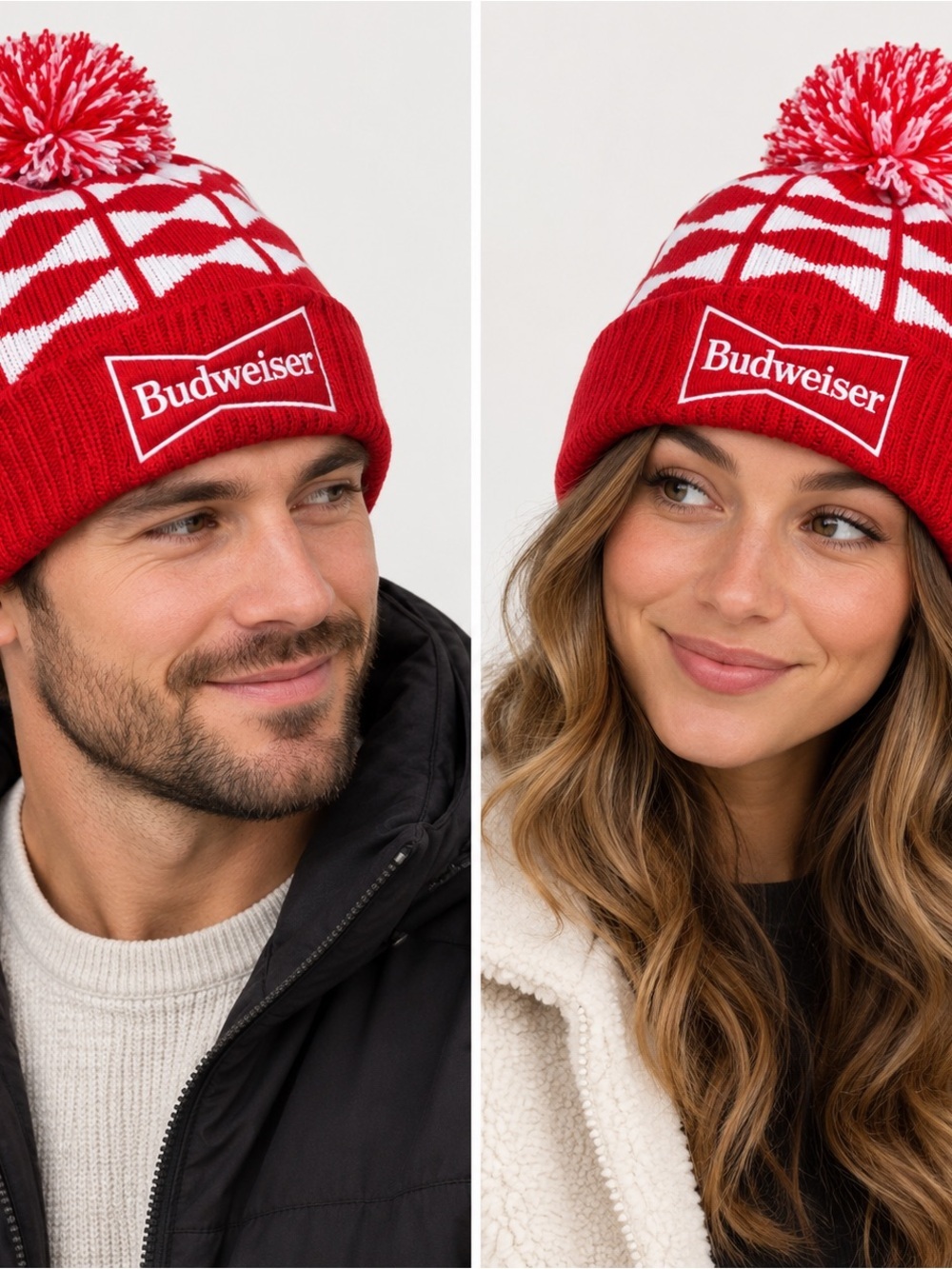 Budweiser Beer Toque Winter Hat Knit w Pompom Red White